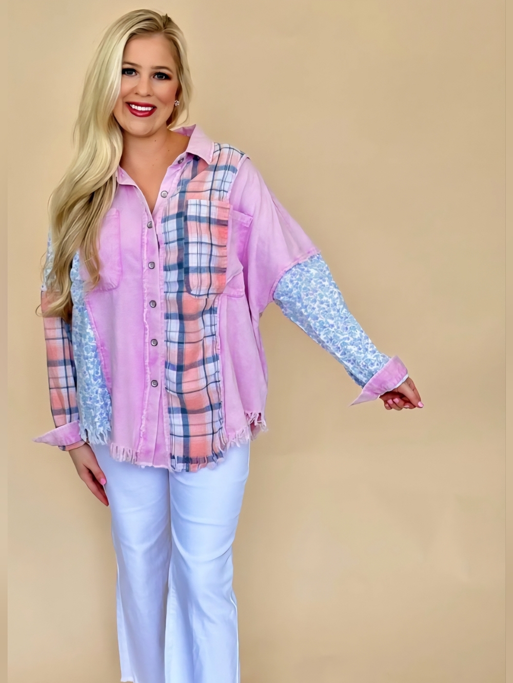 Blue Velvet Patchwork Button-Up Shirt Jacket in Pink and Peach Plaid (like POL)